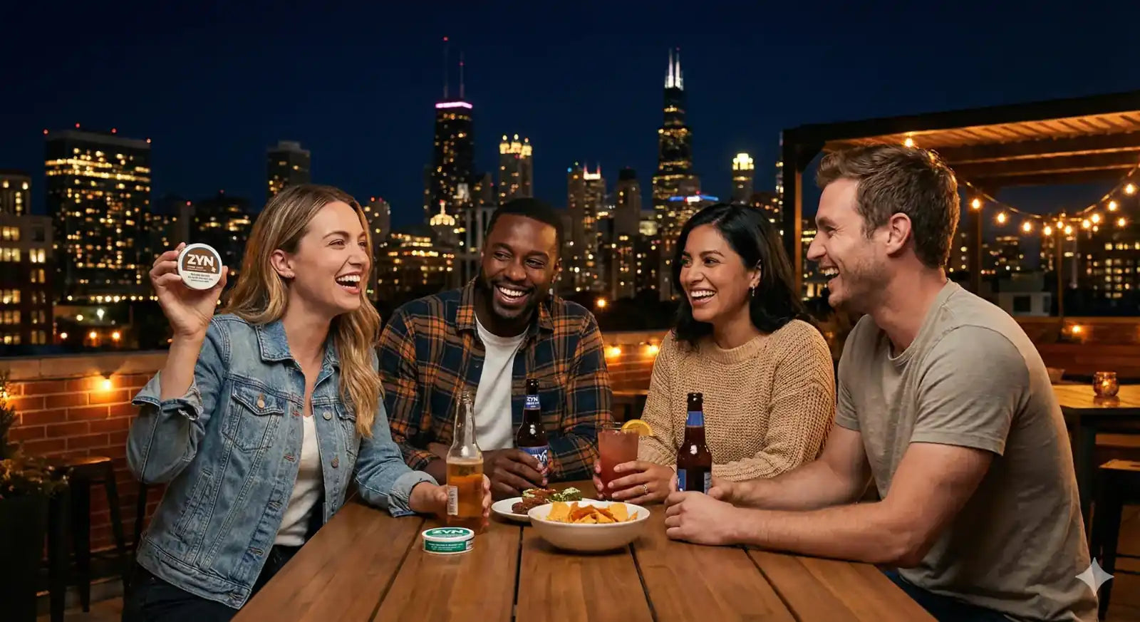 Woman holding a ZYN nicotine pouches in an urban night setting